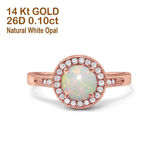 14K Rose Gold 0.10ct Round Art Deco 6mm G SI Natural White Opal Diamond Engagement Wedding Ring Size 6.5