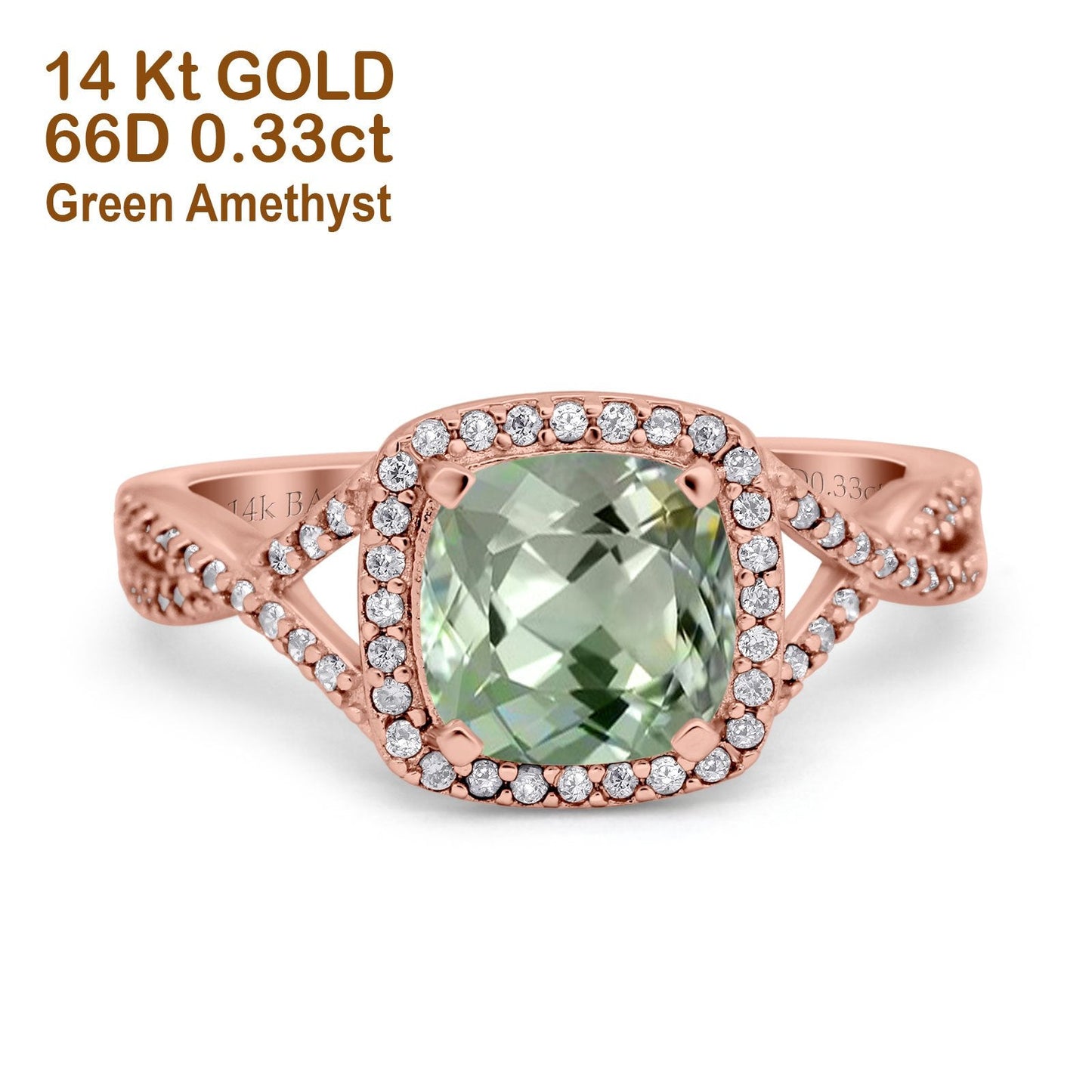 14K Rose Gold 2.37ct Cushion Infinity Shank 8mm G SI Natural Green Amethyst Diamond Engagement Wedding Ring Size 6.5