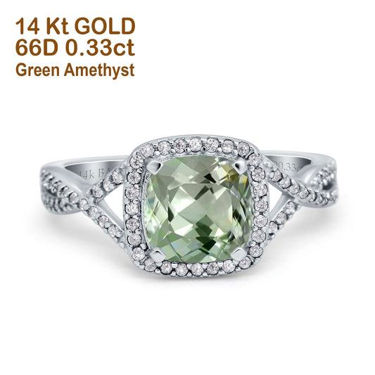 14K White Gold 2.37ct Cushion Infinity Shank 8mm G SI Natural Green Amethyst Diamond Engagement Wedding Ring Size 6.5