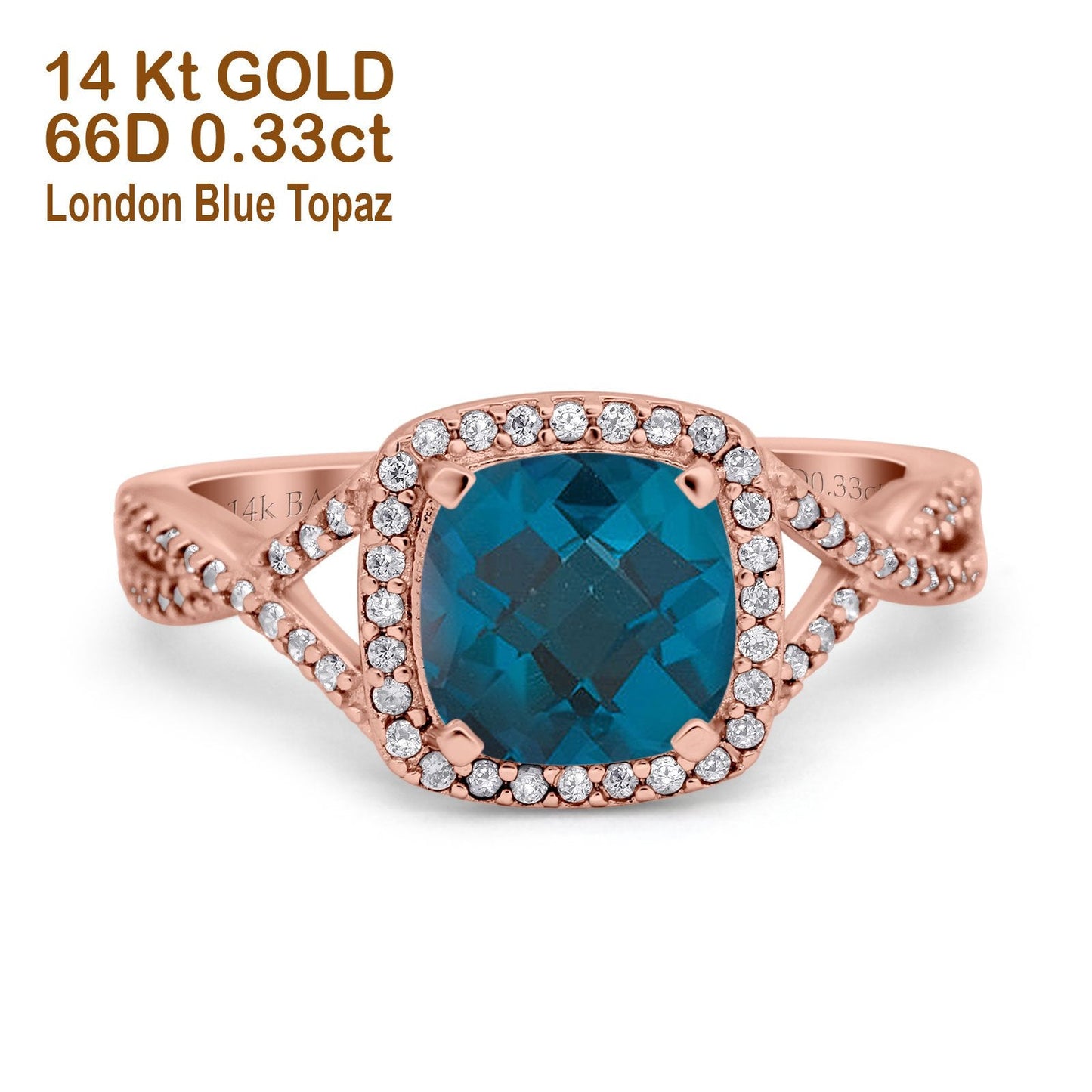 14K Rose Gold 2.37ct Cushion Infinity Shank 8mm G SI London Blue Topaz Diamond Engagement Wedding Ring Size 6.5