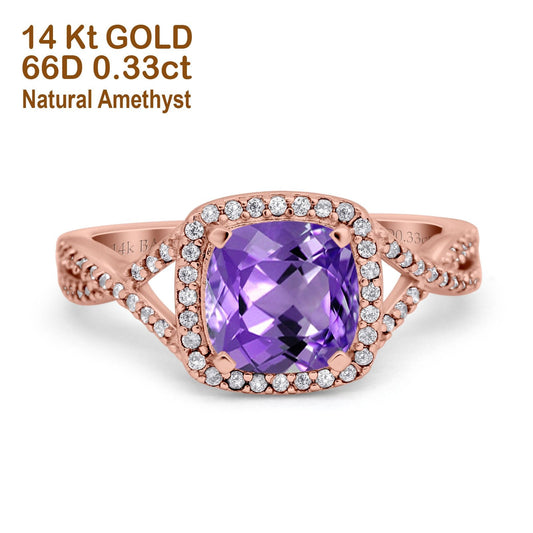 14K Rose Gold 2.37ct Cushion Infinity Shank 8mm G SI Natural Amethyst Diamond Engagement Wedding Ring Size 6.5