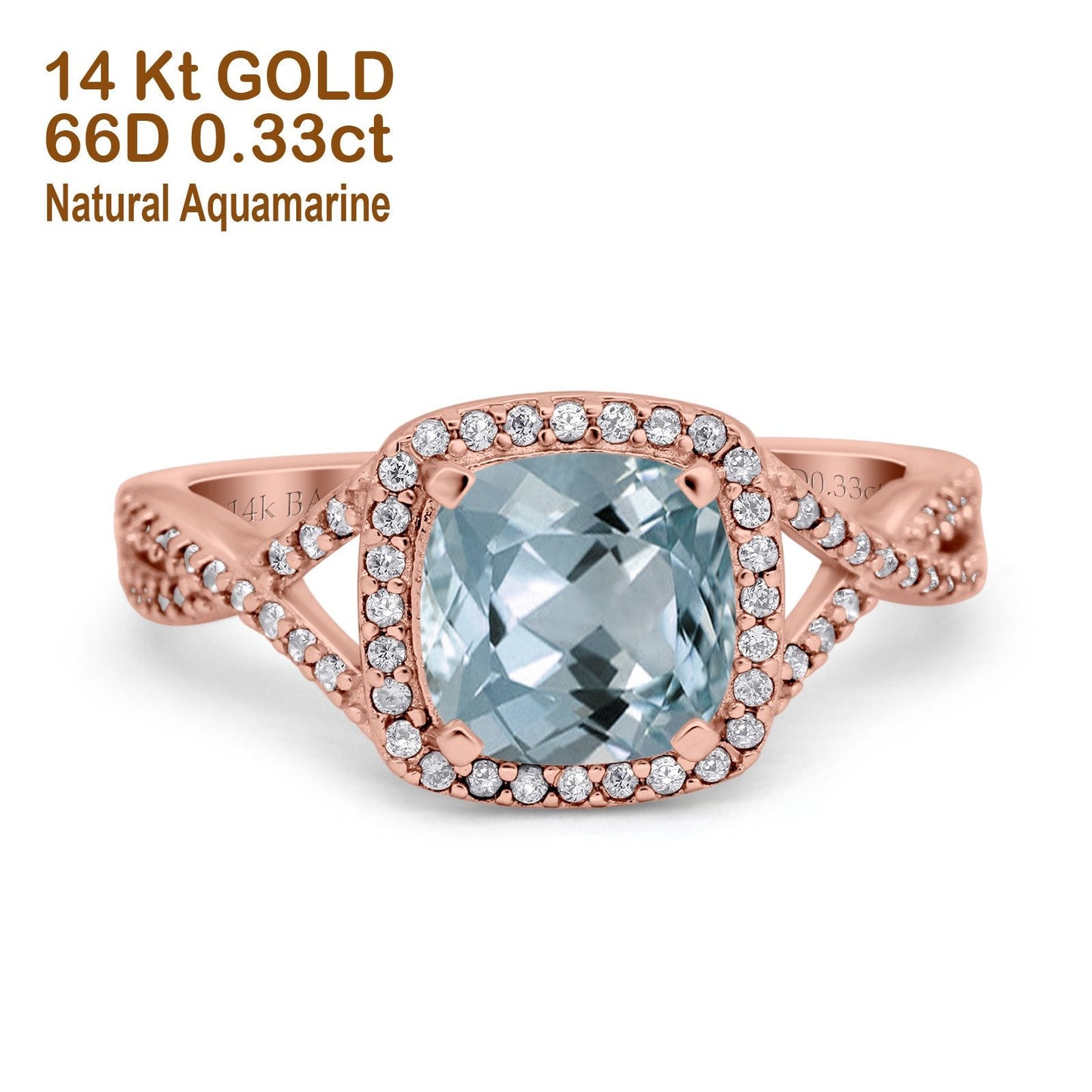 14K Rose Gold 2.37ct Cushion Infinity Shank 8mm G SI Natural Aquamarine Diamond Engagement Wedding Ring Size 6.5