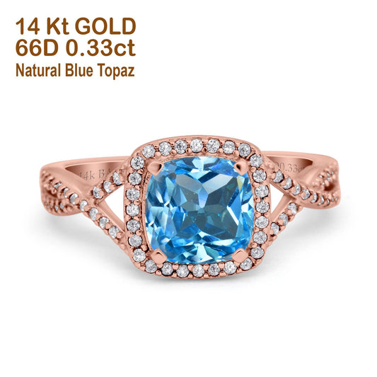 14K Rose Gold 2.37ct Cushion Infinity Shank 8mm G SI Natural Blue Topaz Diamond Engagement Wedding Ring Size 6.5