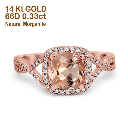 14K Rose Gold 2.37ct Cushion Infinity Shank 8mm G SI Natural Morganite Diamond Engagement Wedding Ring Size 6.5