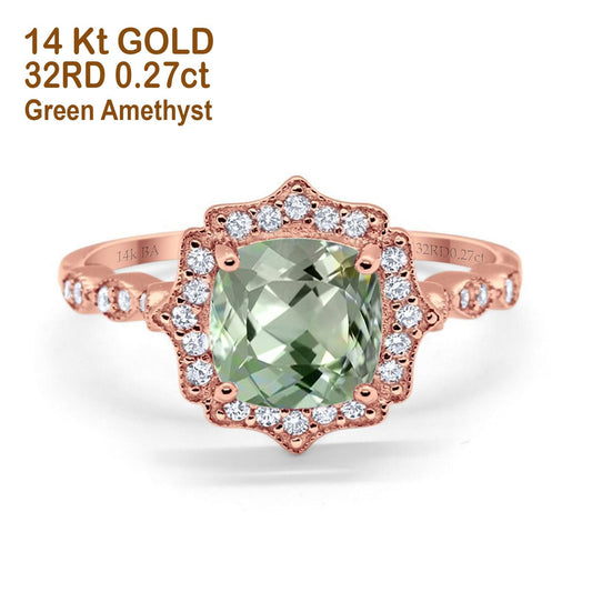 14K Rose Gold 2.31ct Cushion 8mm Halo G SI Natural Green Amethyst Diamond Engagement Wedding Ring Size 6.5