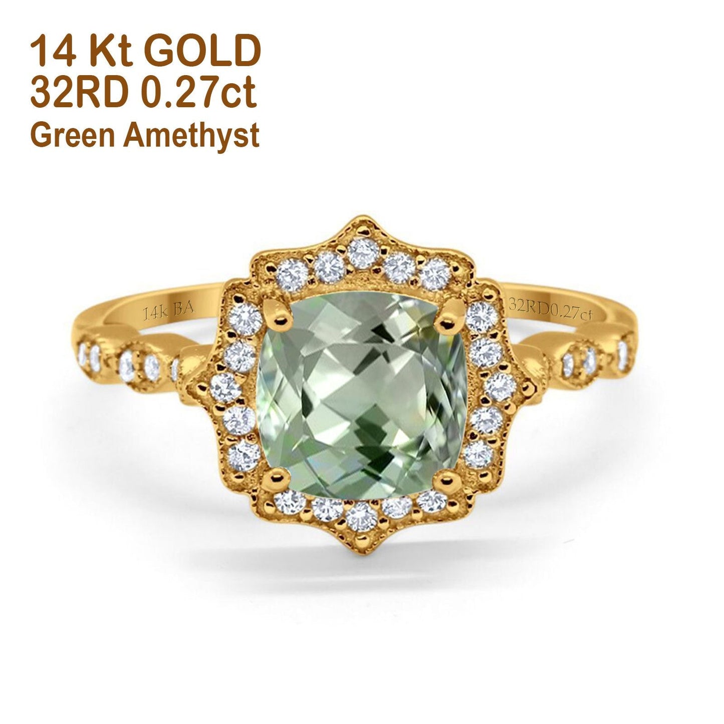 14K Yellow Gold 2.31ct Cushion 8mm Halo G SI Natural Green Amethyst Diamond Engagement Wedding Ring Size 6.5