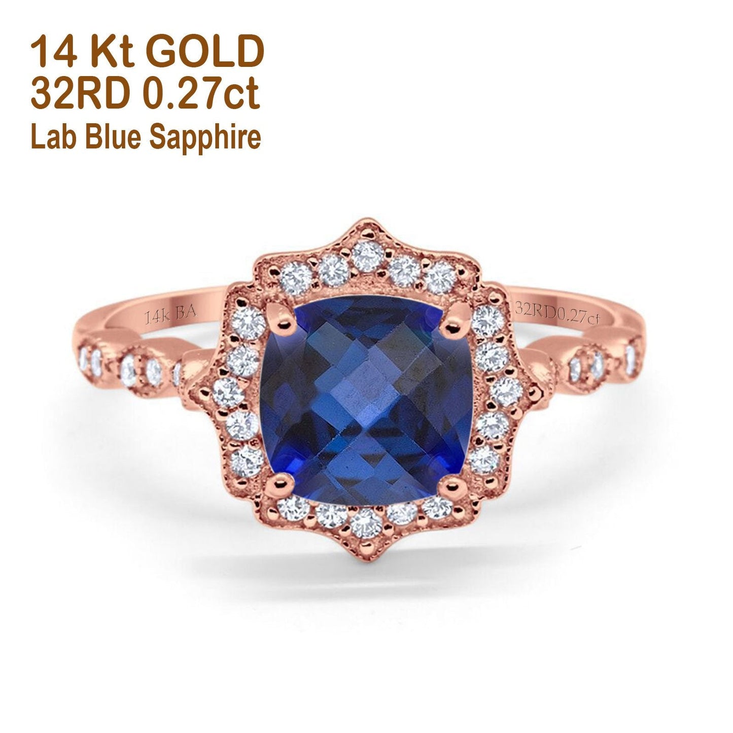 14K Rose Gold 2.31ct Cushion 8mm Halo G SI Nano Blue Sapphire Diamond Engagement Wedding Ring Size 6.5