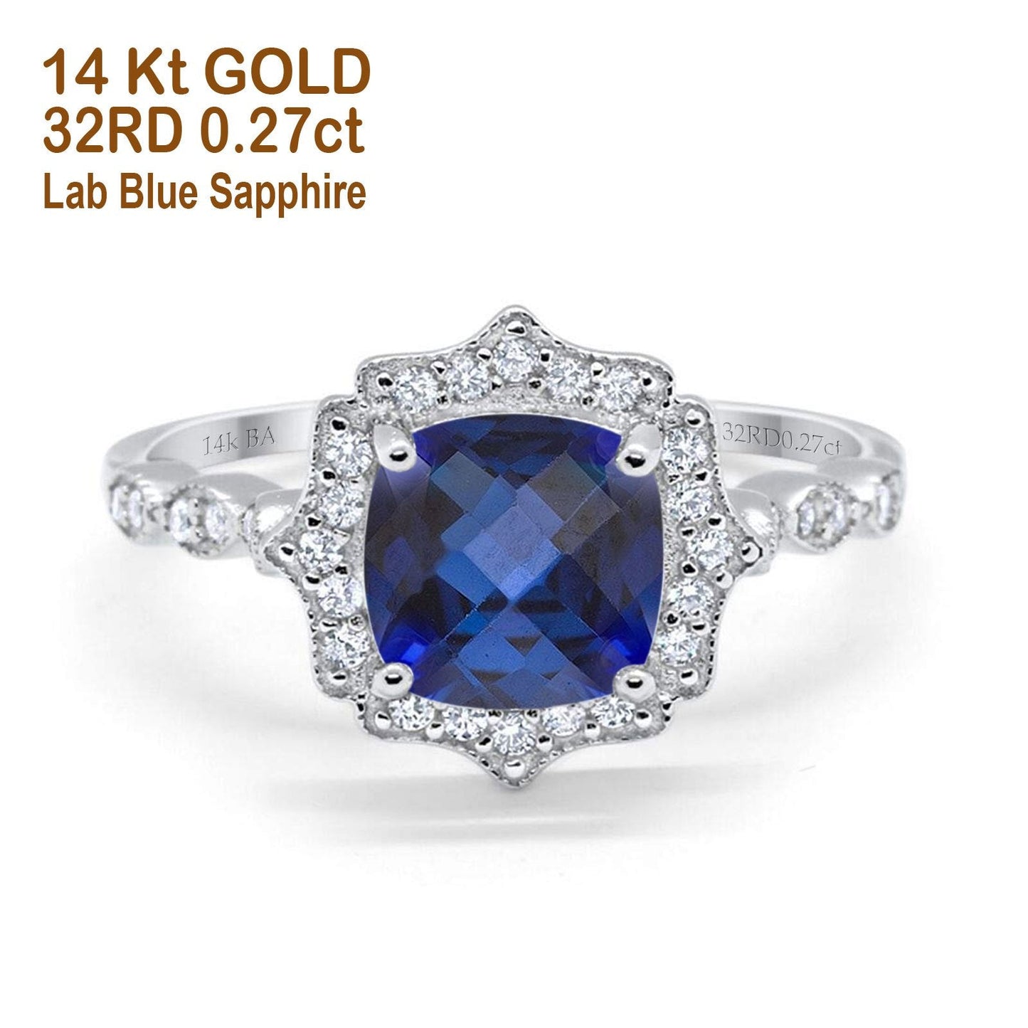 14K White Gold 2.31ct Cushion 8mm Halo G SI Nano Blue Sapphire Diamond Engagement Wedding Ring Size 6.5