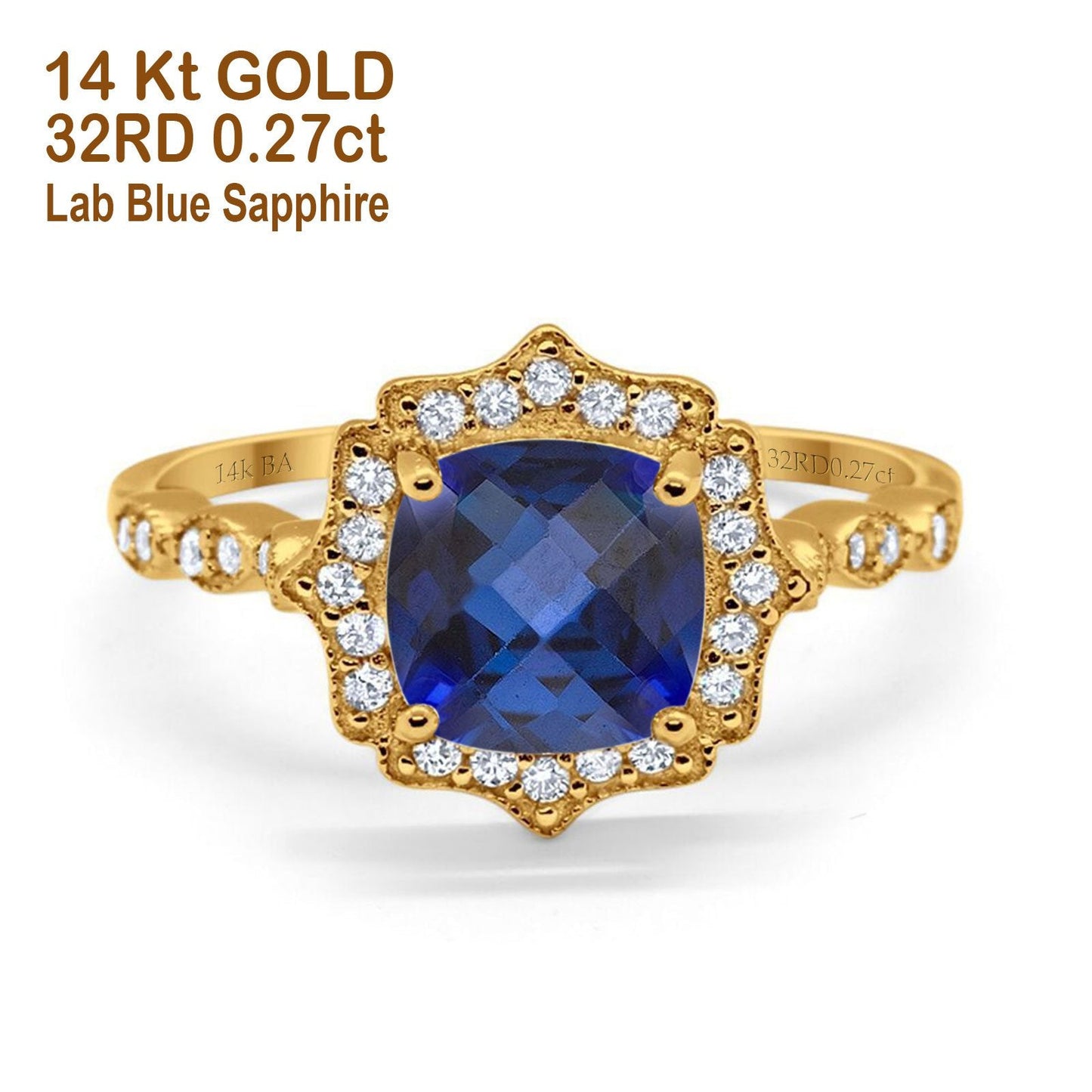 14K Yellow Gold 2.31ct Cushion 8mm Halo G SI Nano Blue Sapphire Diamond Engagement Wedding Ring Size 6.5