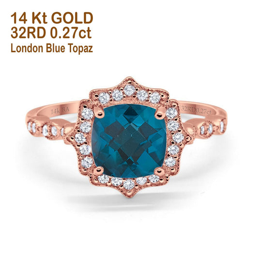 14K Rose Gold 2.31ct Cushion 8mm Halo G SI London Blue Topaz Diamond Engagement Wedding Ring Size 6.5