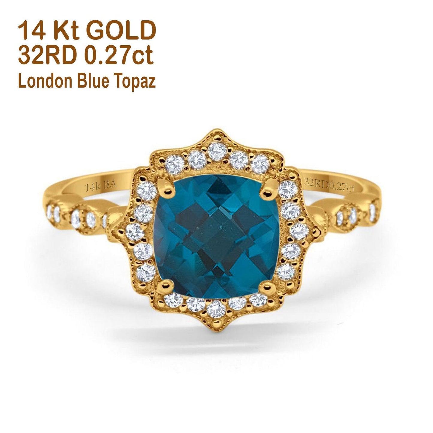 14K Yellow Gold 2.31ct Cushion 8mm Halo G SI London Blue Topaz Diamond Engagement Wedding Ring Size 6.5