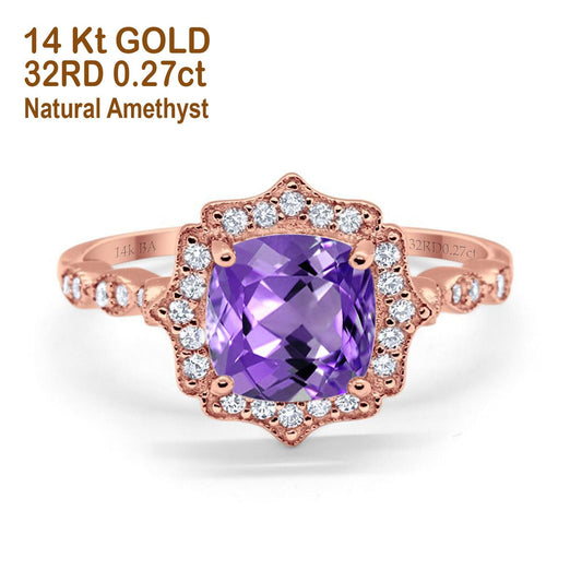 14K Rose Gold 2.31ct Cushion 8mm Halo G SI Natural Amethyst Diamond Engagement Wedding Ring Size 6.5