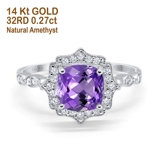 14K White Gold 2.31ct Cushion 8mm Halo G SI Natural Amethyst Diamond Engagement Wedding Ring Size 6.5