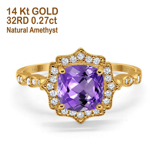 14K Yellow Gold 2.31ct Cushion 8mm Halo G SI Natural Amethyst Diamond Engagement Wedding Ring Size 6.5