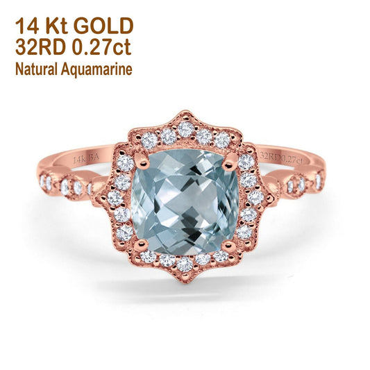 14K Rose Gold 2.31ct Cushion 8mm Halo G SI Natural Aquamarine Diamond Engagement Wedding Ring Size 6.5