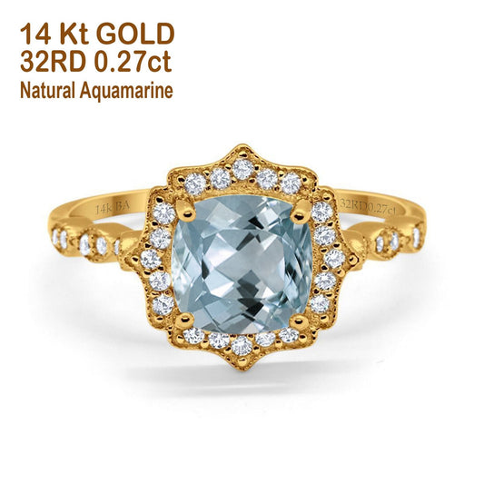 14K Yellow Gold 2.31ct Cushion 8mm Halo G SI Natural Aquamarine Diamond Engagement Wedding Ring Size 6.5