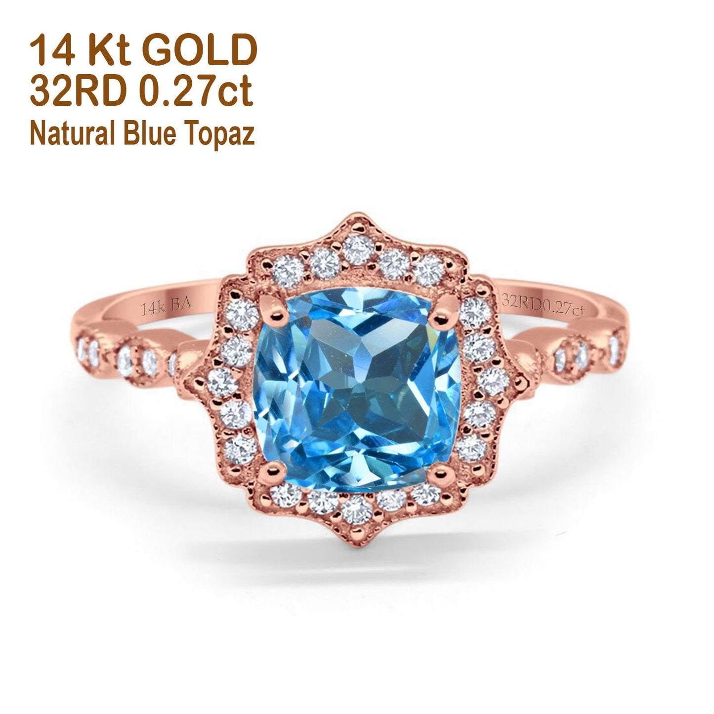 14K Rose Gold 2.31ct Cushion 8mm Halo G SI Natural Blue Topaz Diamond Engagement Wedding Ring Size 6.5