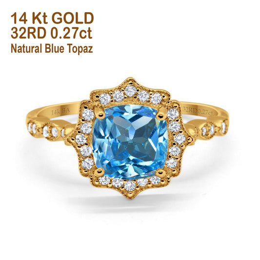 14K Yellow Gold 2.31ct Cushion 8mm Halo G SI Natural Blue Topaz Diamond Engagement Wedding Ring Size 6.5