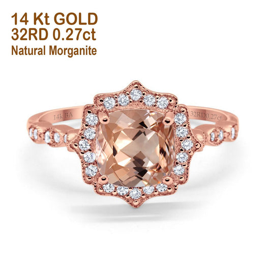 14K Rose Gold 2.31ct Cushion 8mm Halo G SI Natural Morganite Diamond Engagement Wedding Ring Size 6.5