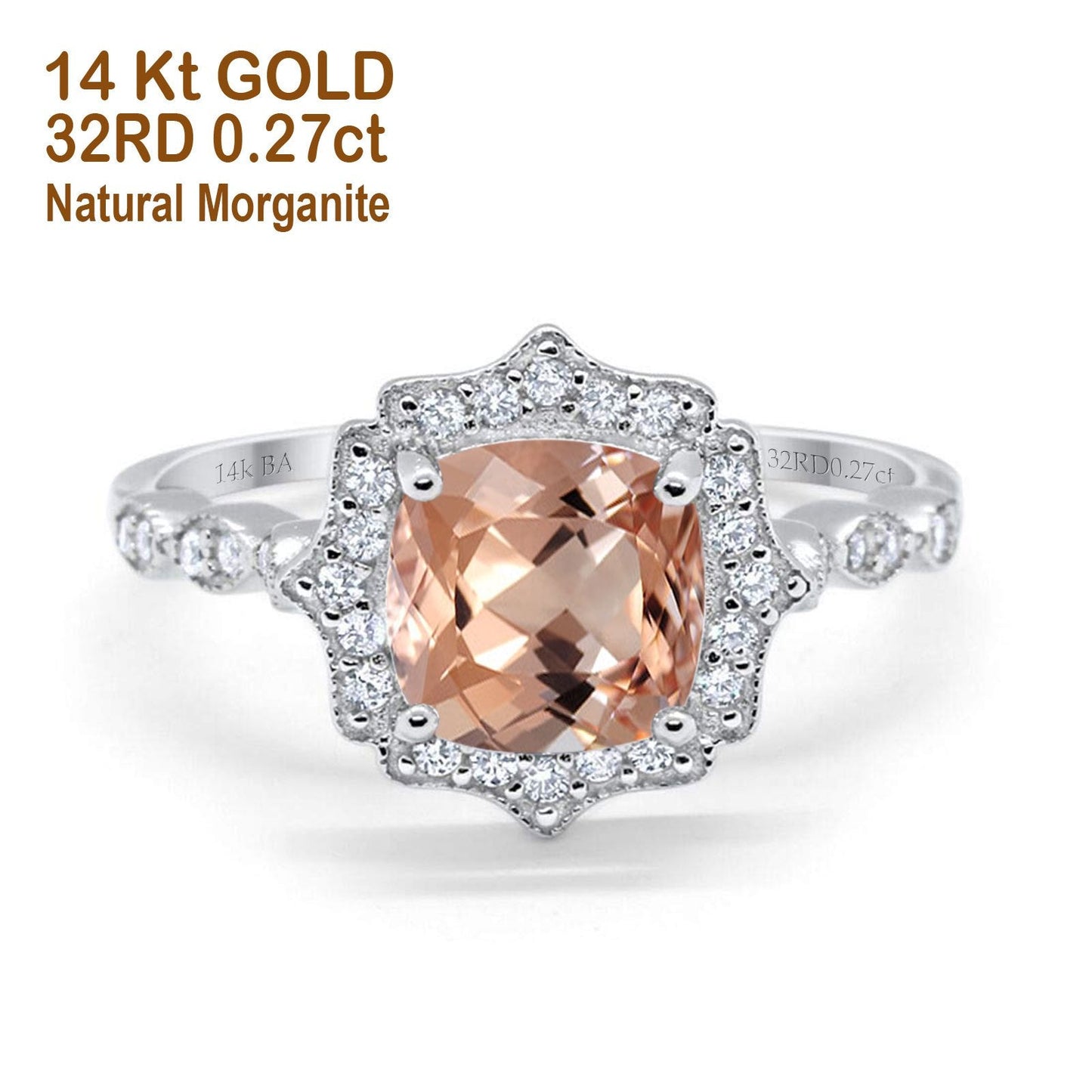 14K White Gold 2.31ct Cushion 8mm Halo G SI Natural Morganite Diamond Engagement Wedding Ring Size 6.5