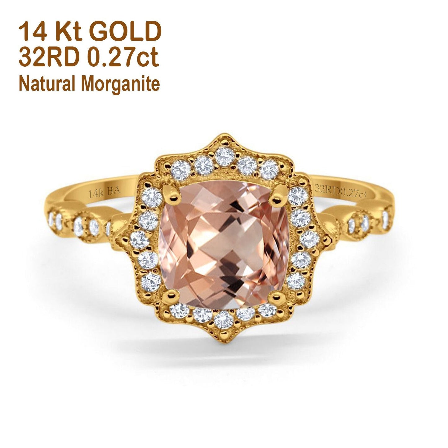 14K Yellow Gold 2.31ct Cushion 8mm Halo G SI Natural Morganite Diamond Engagement Wedding Ring Size 6.5