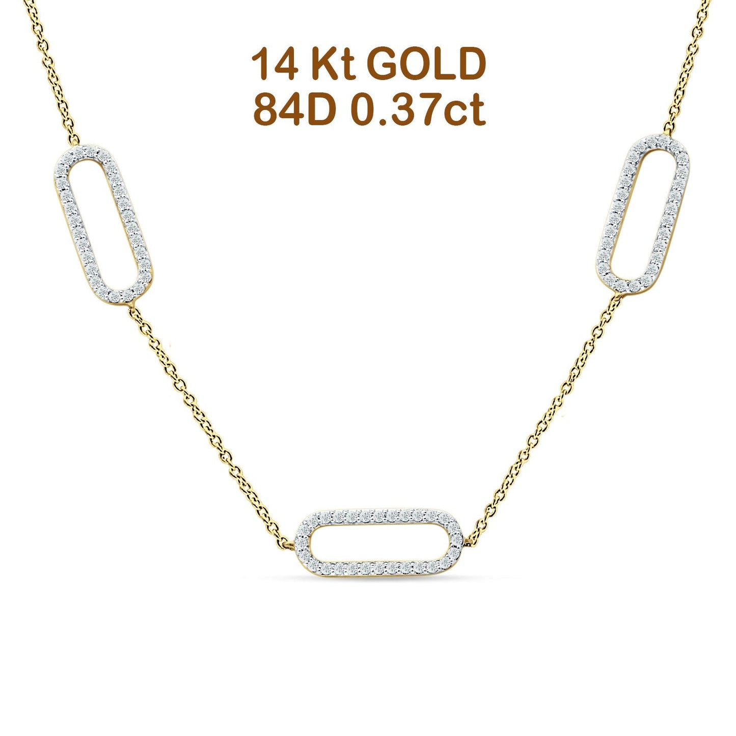 14K Yellow Gold 0.37ct Three Link Oval Paperclip Chain Necklace Natural Diamond Pendant 18" Long