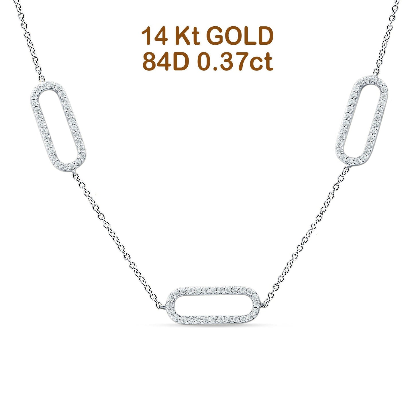 14K White Gold 0.37ct Three Link Oval Paperclip Chain Necklace Natural Diamond Pendant 18" Long