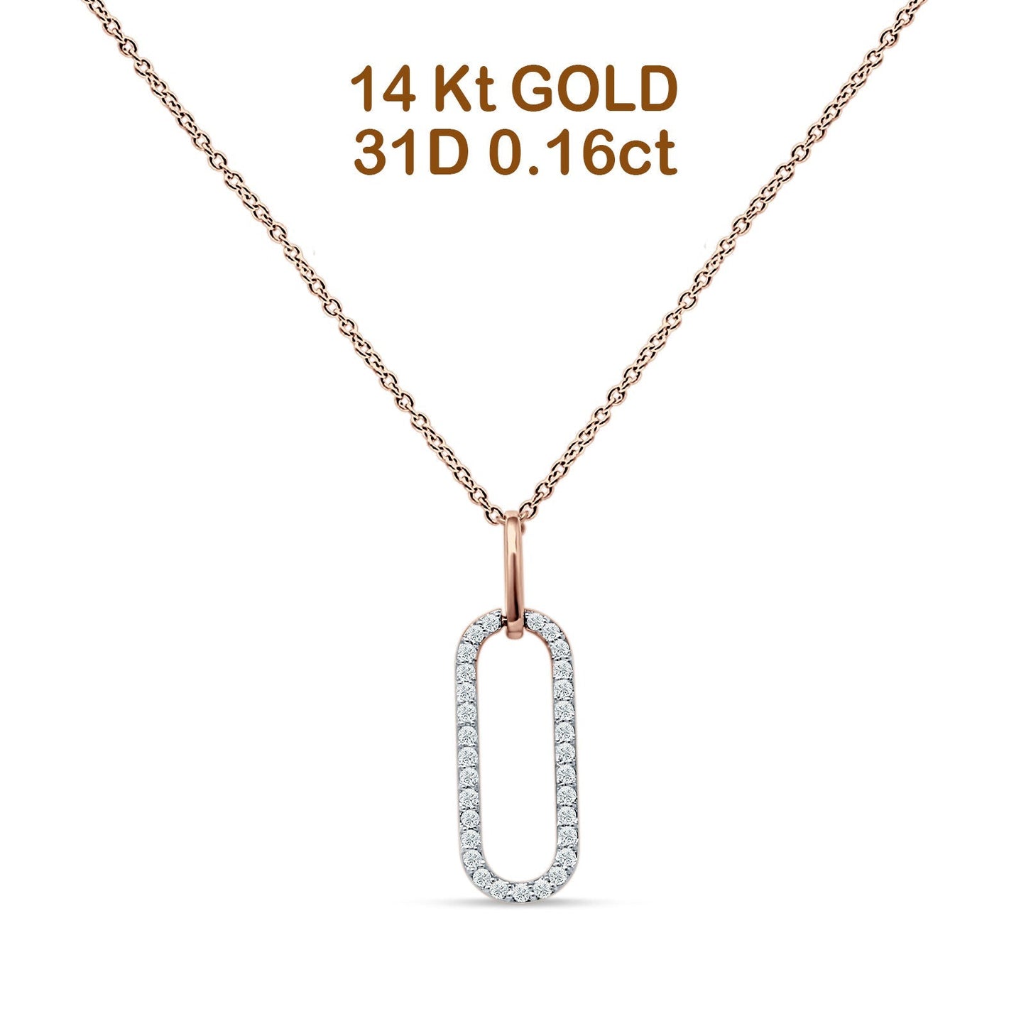 14K Rose Gold 0.16ct Oval Papercllip Drop Necklace Natural Diamond Pendant 18 Inch Long