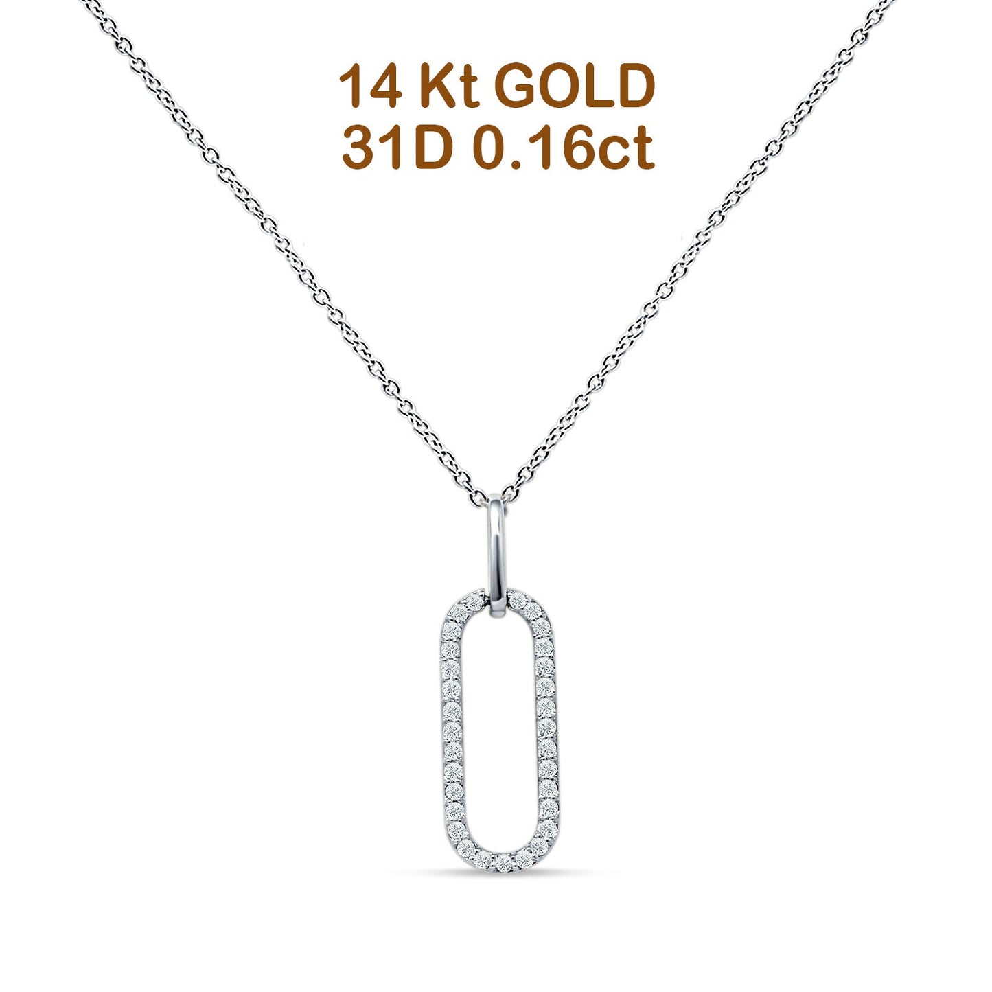 14K White Gold 0.16ct Oval Papercllip Drop Necklace Natural Diamond Pendant 18" Long Wholesale