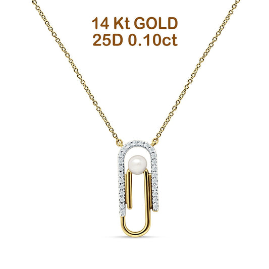 14K Yellow Gold 0.10ct Pearl Charm Paperclip Natural Diamond Pendant Necklace 18" Long