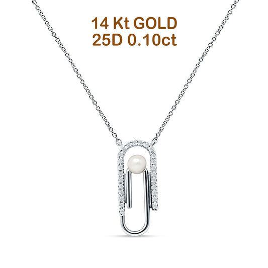 14K White Gold 0.10ct Pearl Charm Paperclip Natural Diamond Pendant Necklace 18" Long