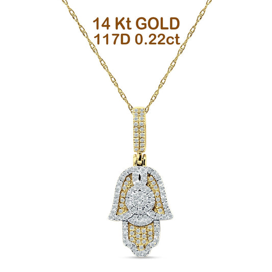 14K Yellow Gold 0.22ct Hamsa Hand Charm Pendant Natural Diamond Necklace 18 Inch