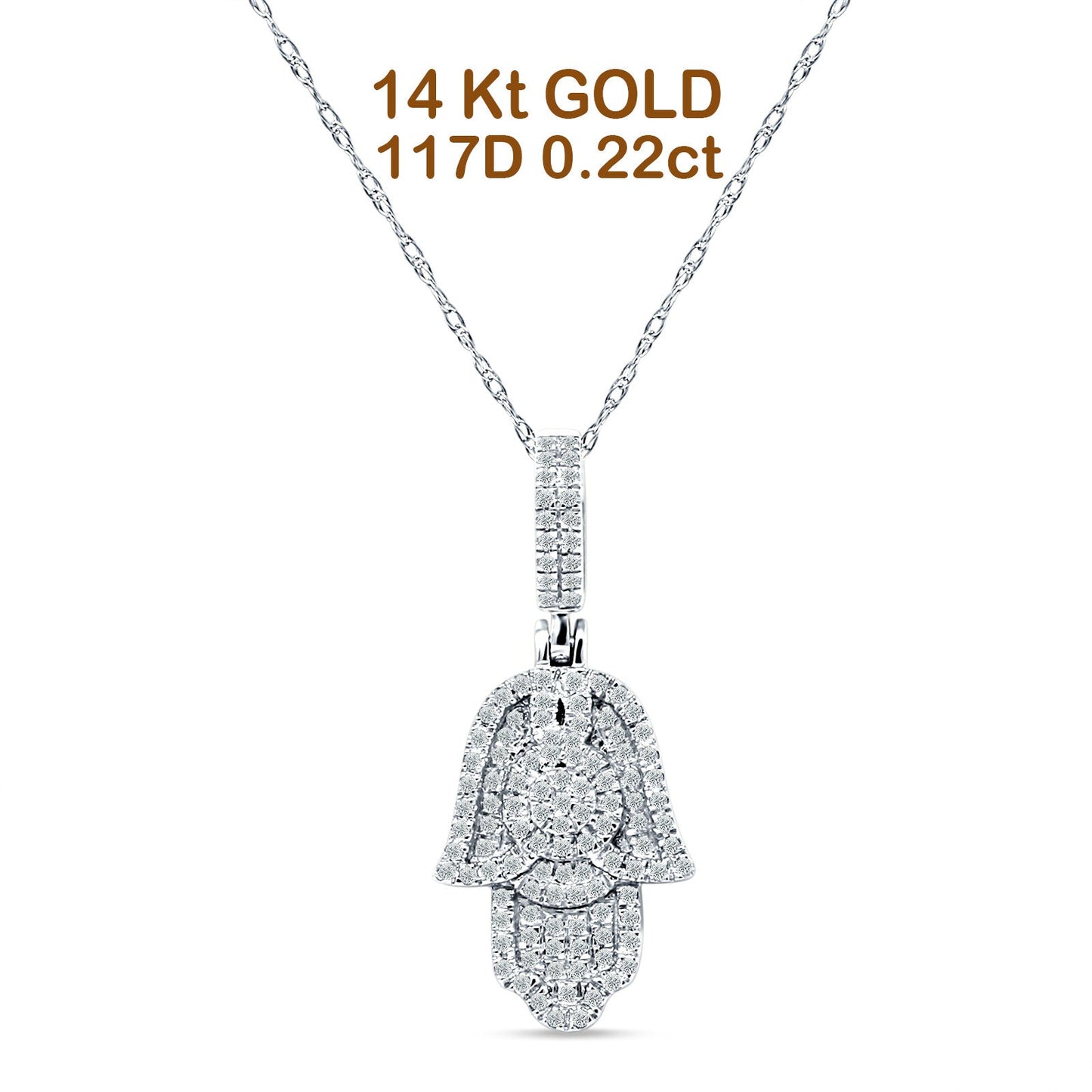 14K White Gold 0.22ct Hamsa Hand Charm Pendant Natural Diamond Necklace 18" Long Wholesale