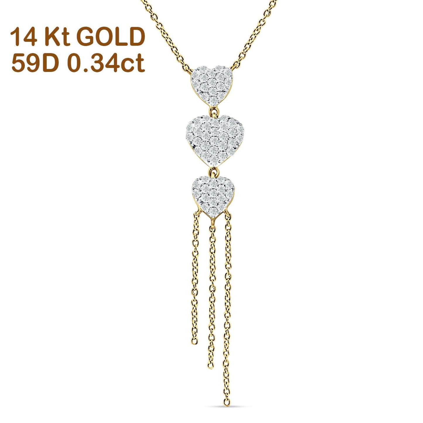 14K Yellow Gold 0.34ct  Three Heart Drop Necklace Round Diamond Pendant 16" Long Wholesale