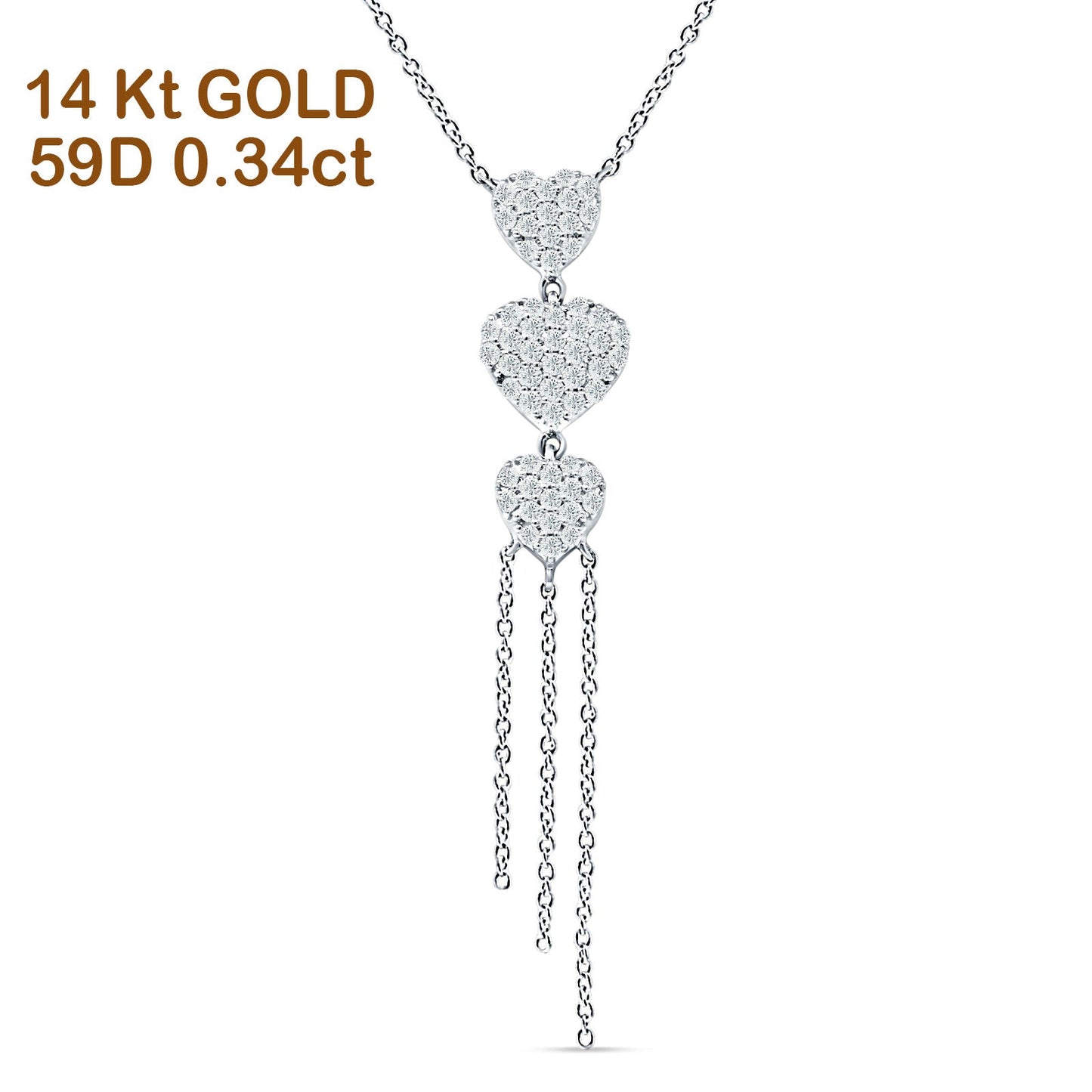 14K White Gold 0.34ct  Three Heart Drop Necklace Round Diamond Pendant 16" Long Wholesale