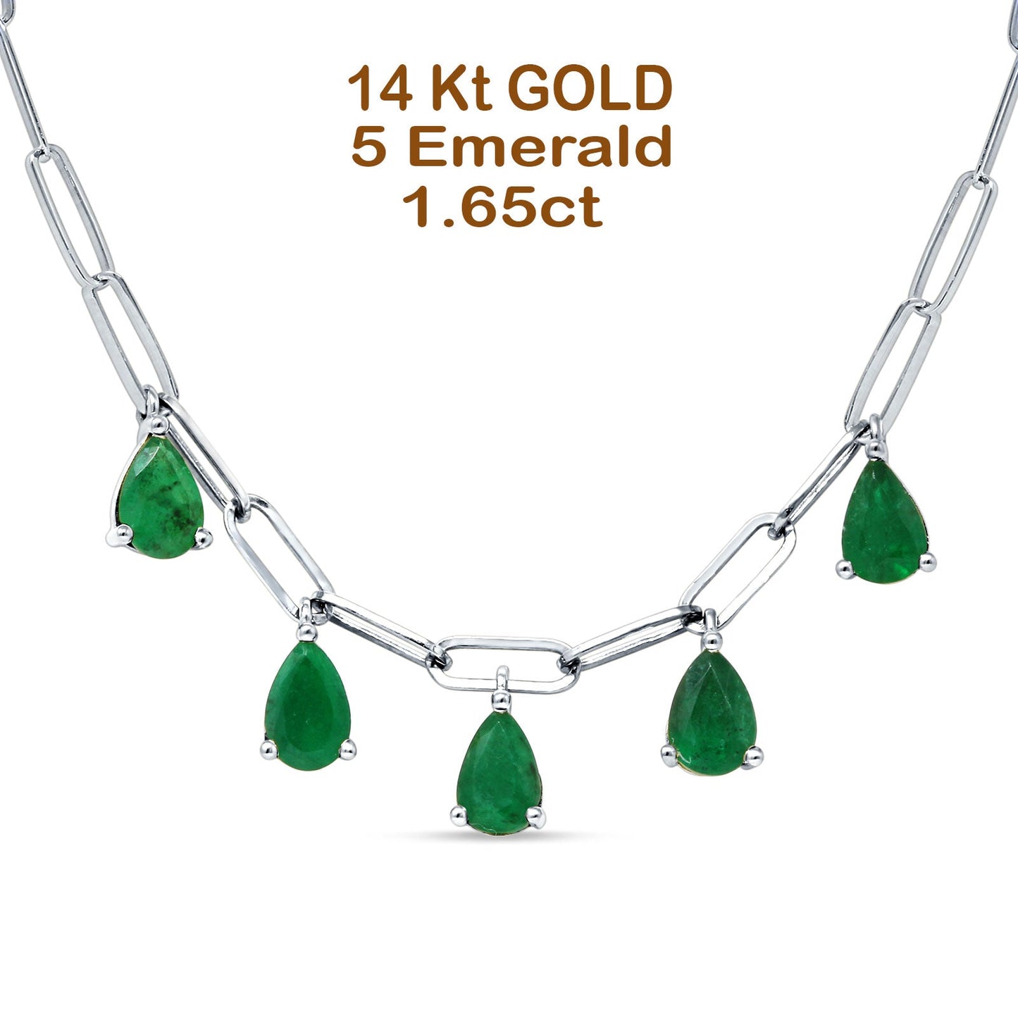 14K White Gold 1.65ct Green Emerald Five Pear Pendant Paperclip Chain Necklace 16 Inch Long