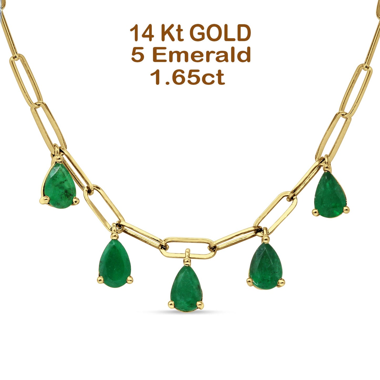 14K Yellow Gold 1.65ct Green Emerald Five Pear Pendant Paperclip Chain Necklace 16 Inch Long