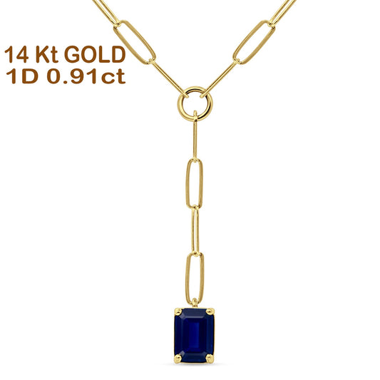 14K Yellow Gold 0.91ct Emerald Cut Paperclip Chain Necklace Blue Sapphire 16" Long