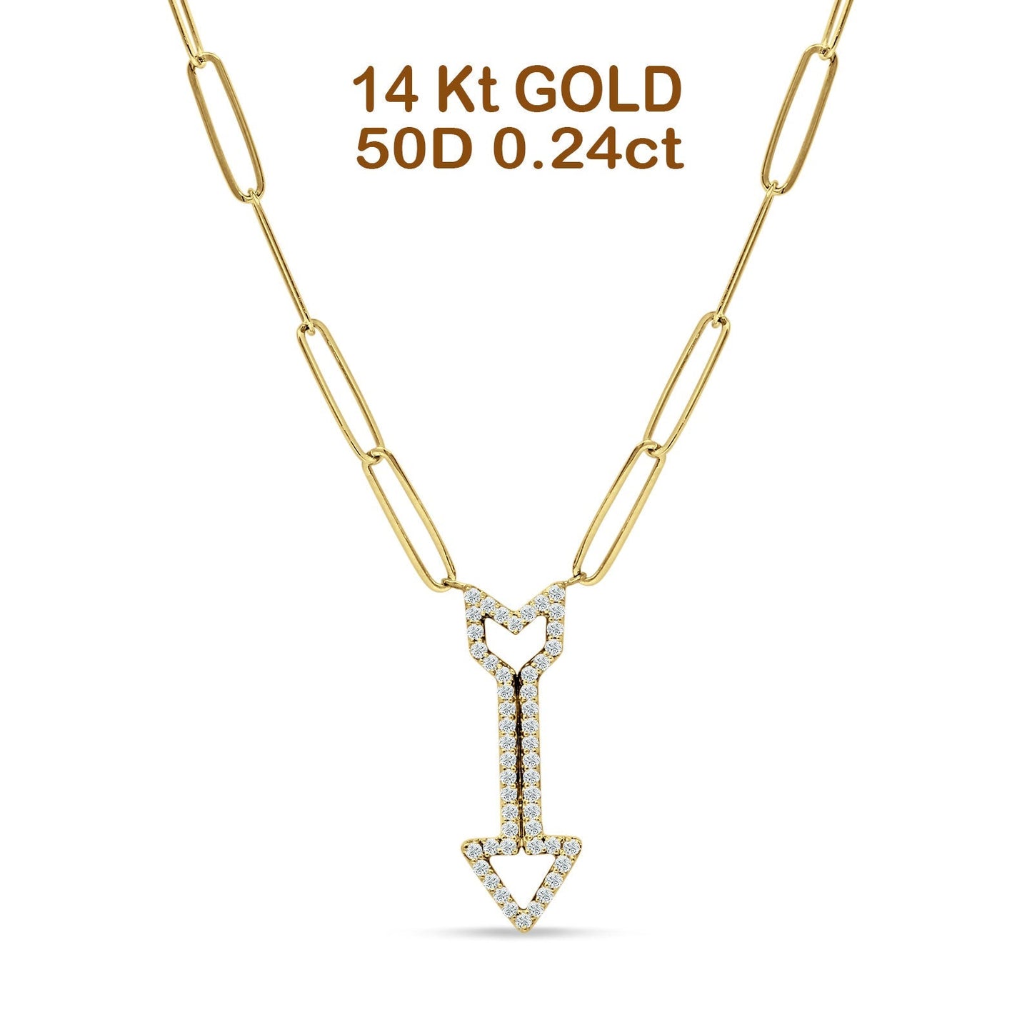 14K Yellow Gold 0.25ct Arrow Style Natural Diamond Pendant Paperclip Chain Necklace 18 In Long