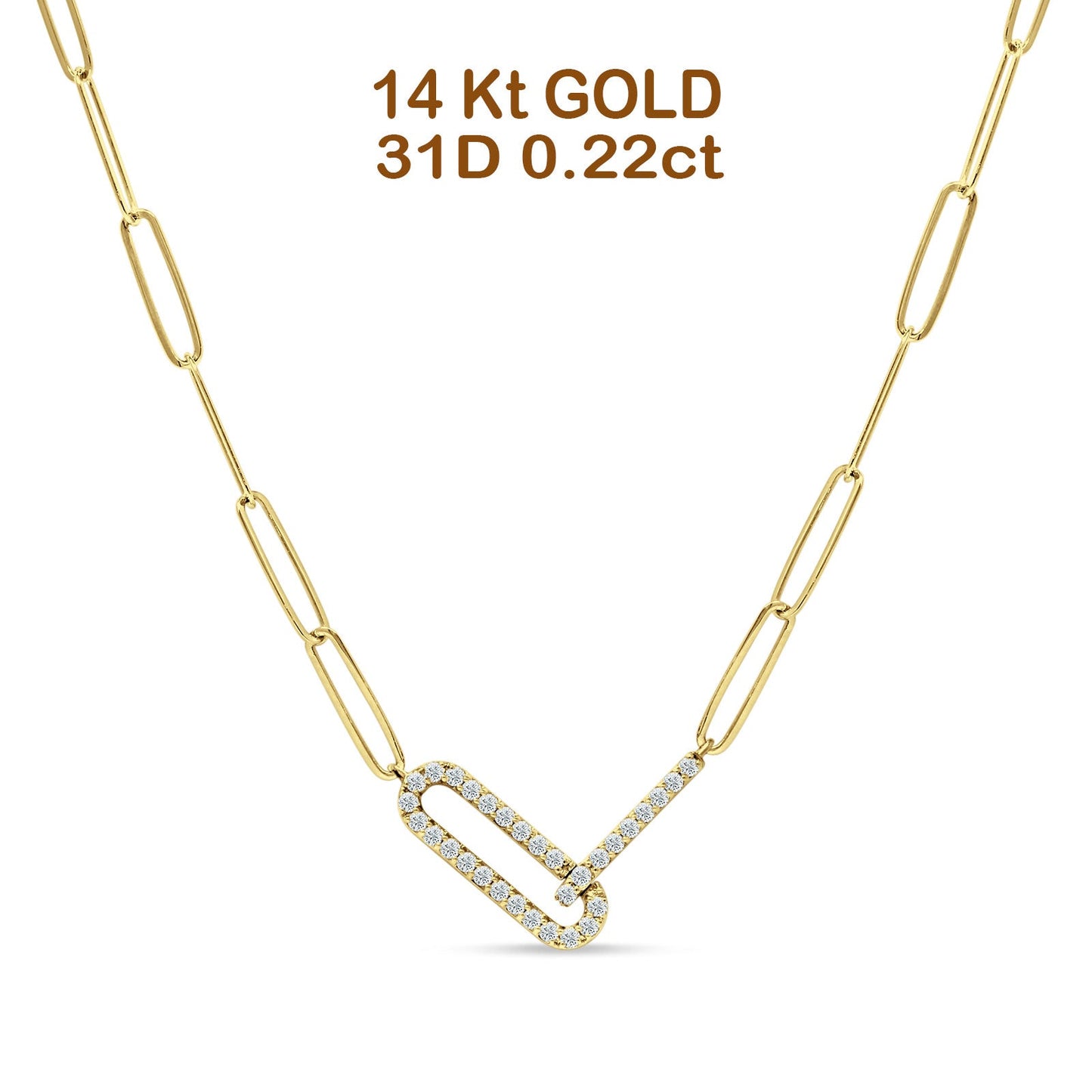 14K Yellow Gold 0.22ct  Interlocking Paperclip Chain Pendant Natural Diamond Necklace 18" Long