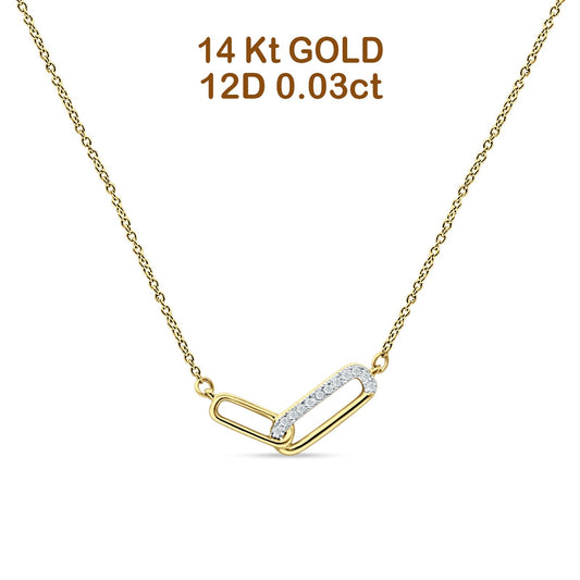 14K Yellow Gold 0.03ct Interlocking Oval Paperclip Charm Necklace Natural Diamond Pendant 18" Long