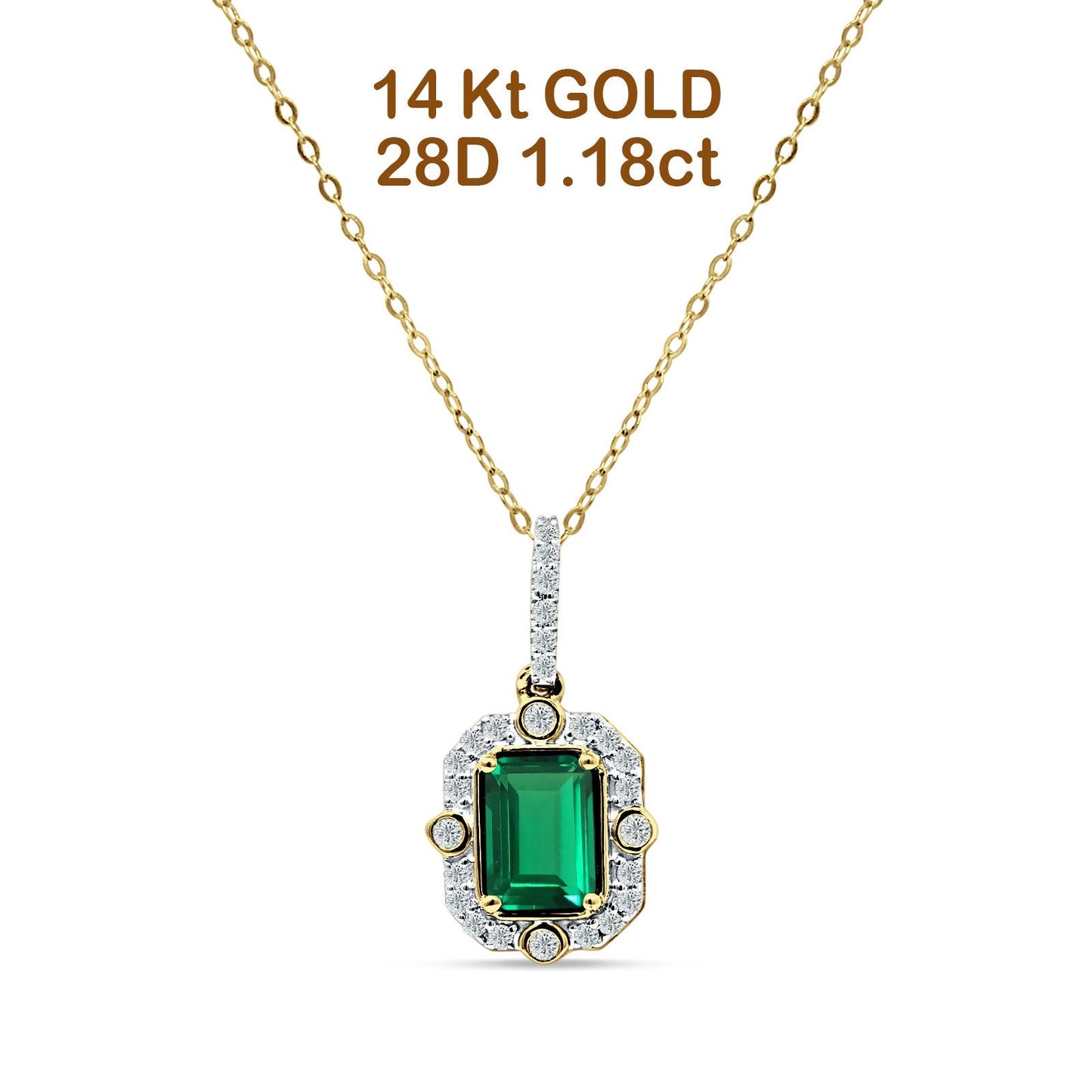 14K Yellow Gold 0.18ct Natural Emerald & Diamond Halo Solitaire Pendant Necklace 18" Long