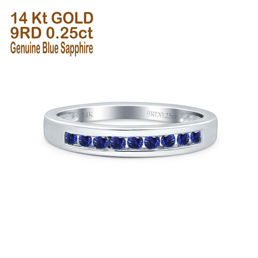 14K White Gold 0.25ct Round 3mm Art Deco G SI Half Eternity Blue Sapphire Band Diamond Engagement Wedding Ring Size 6.5