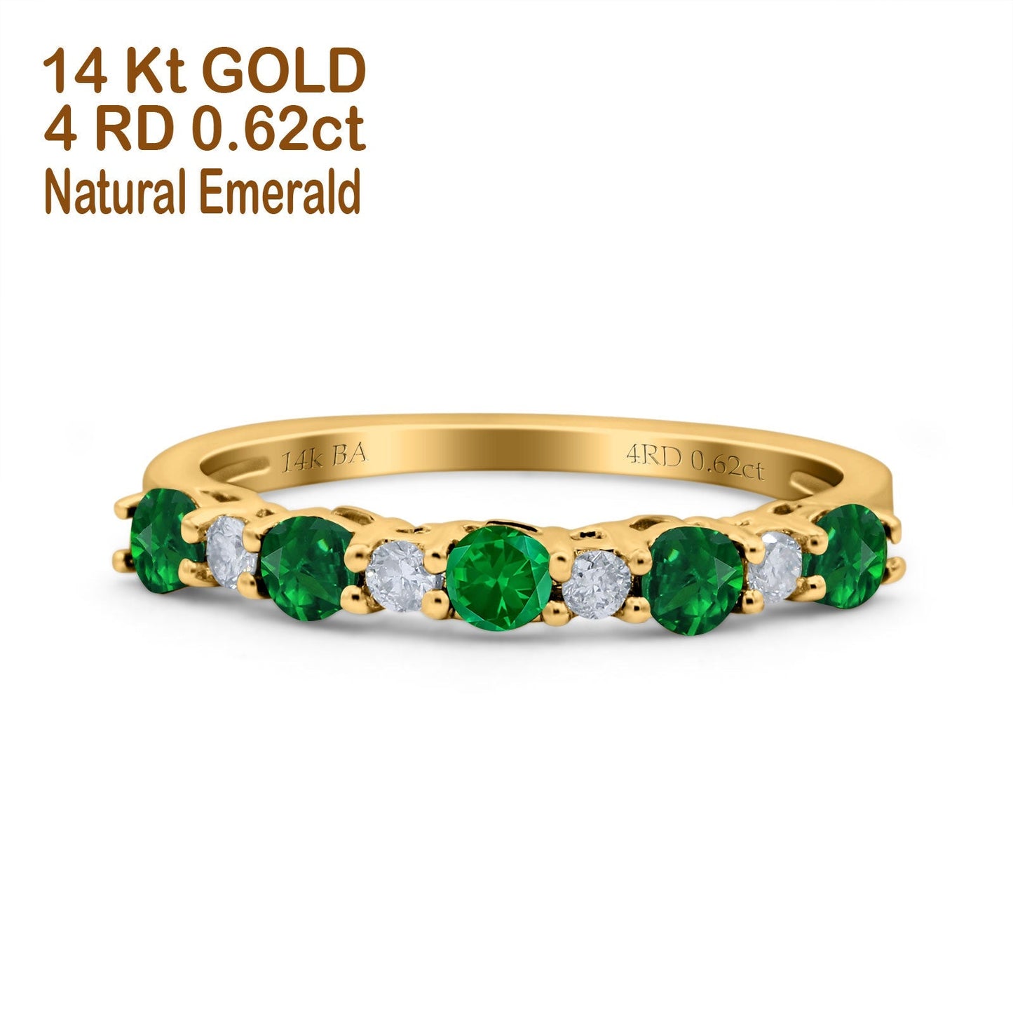 14K Yellow Gold 0.62ct Round 2.5mm Band G SI Half Eternity Emerald & Diamond Engagement Wedding Ring Size 6.5