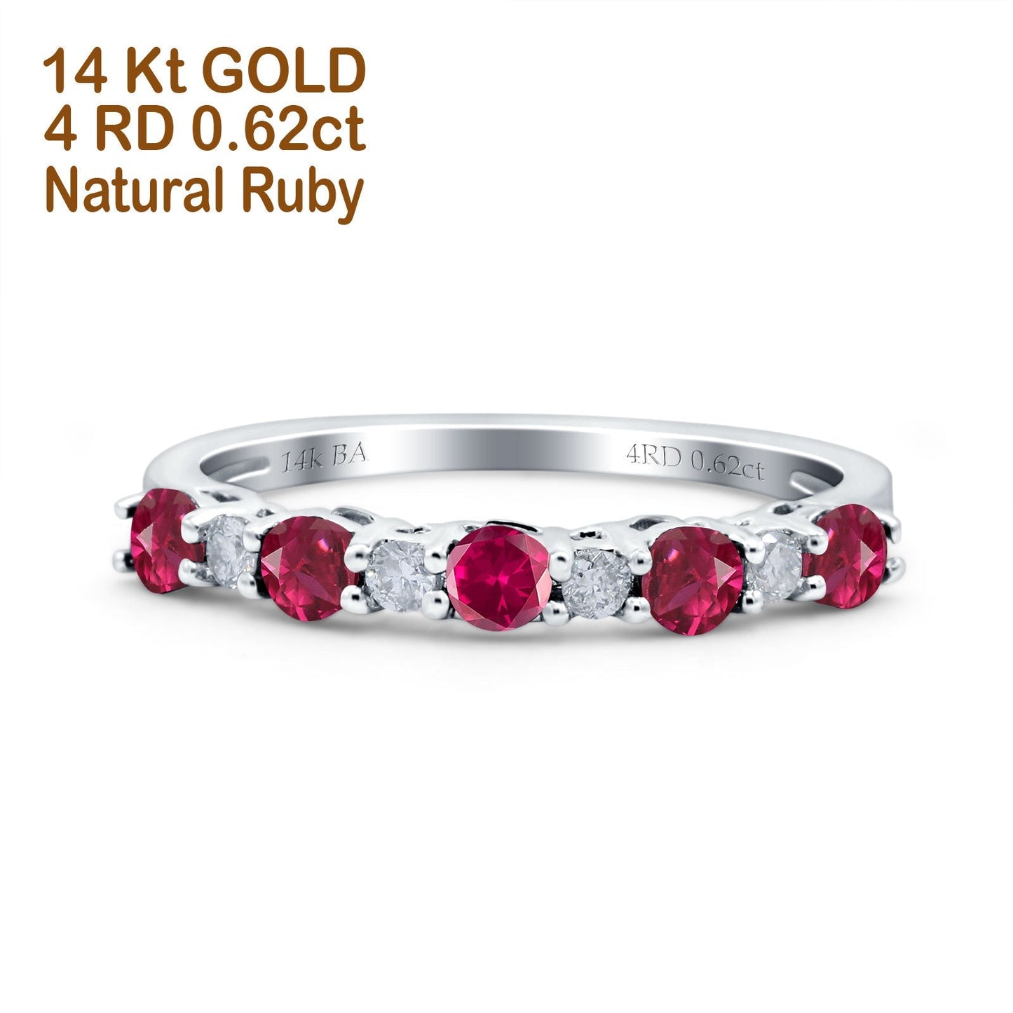 14K White Gold 0.62ct Round 2.5mm Band G SI Half Eternity Ruby & Diamond Engagement Wedding Ring Size 6.5