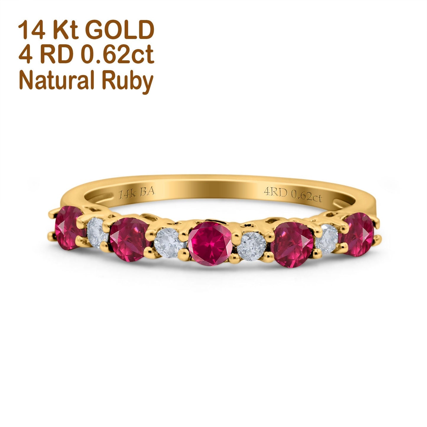 14K Yellow Gold 0.62ct Round 2.5mm Band G SI Half Eternity Ruby & Diamond Engagement Wedding Ring Size 6.5