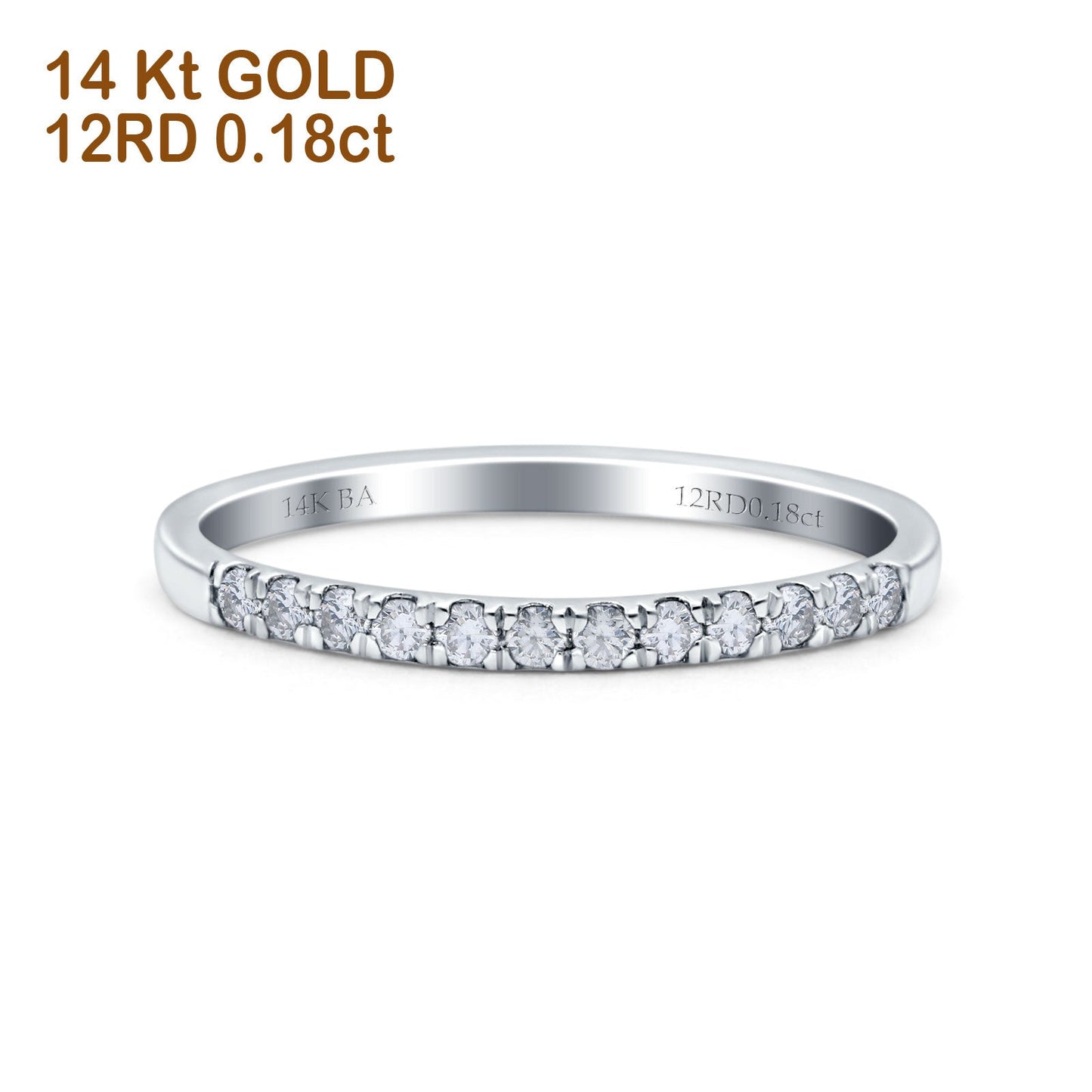 14K White Gold 0.18ct Round 2mm G SI Stackable Eternity Diamond Engagement Wedding Band Ring Size 6.5