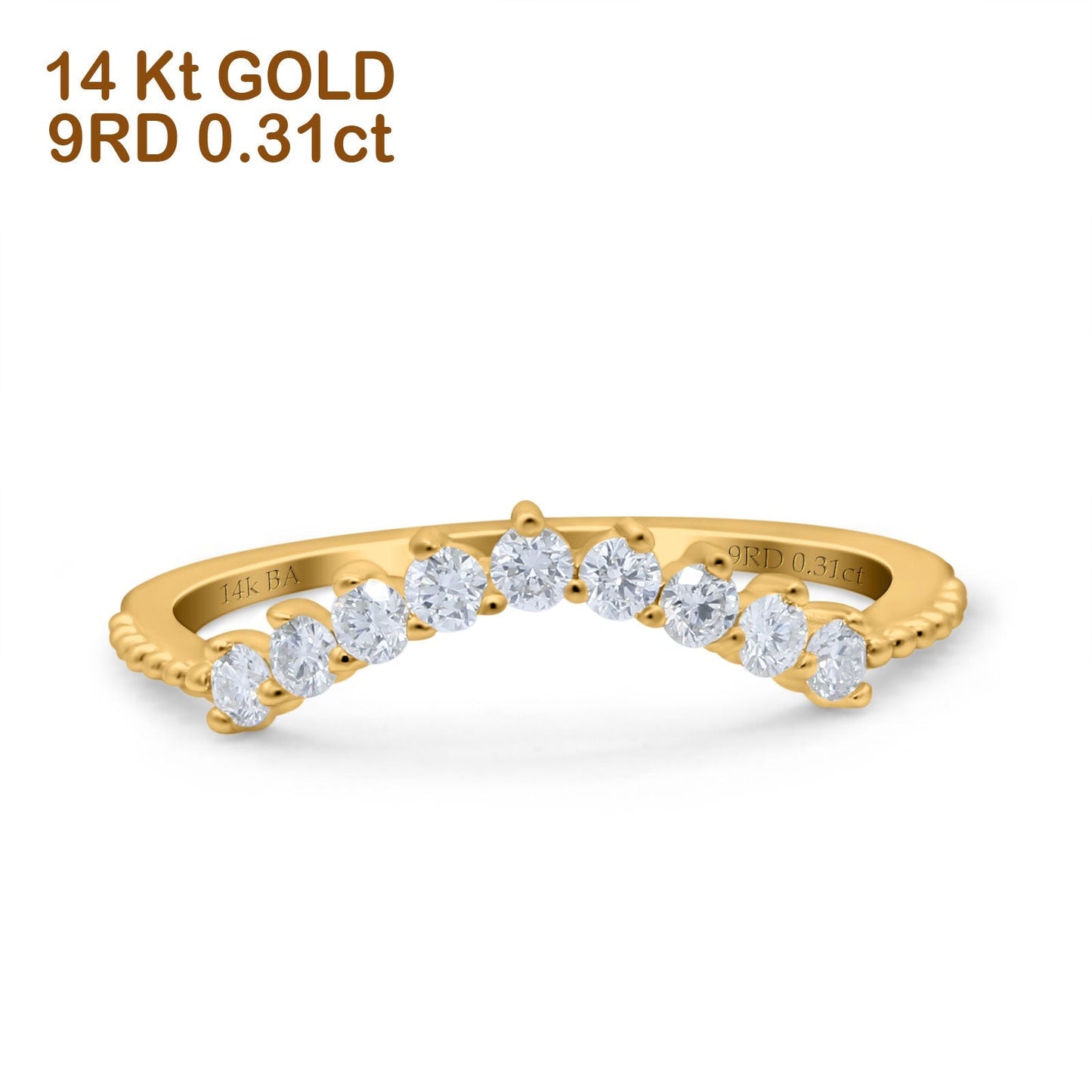 14K Yellow Gold 0.31ct Round Midi Curved Art Deco 4.5mm G SI Half Eternity Diamond Band Engagement Wedding Ring Size 6.5