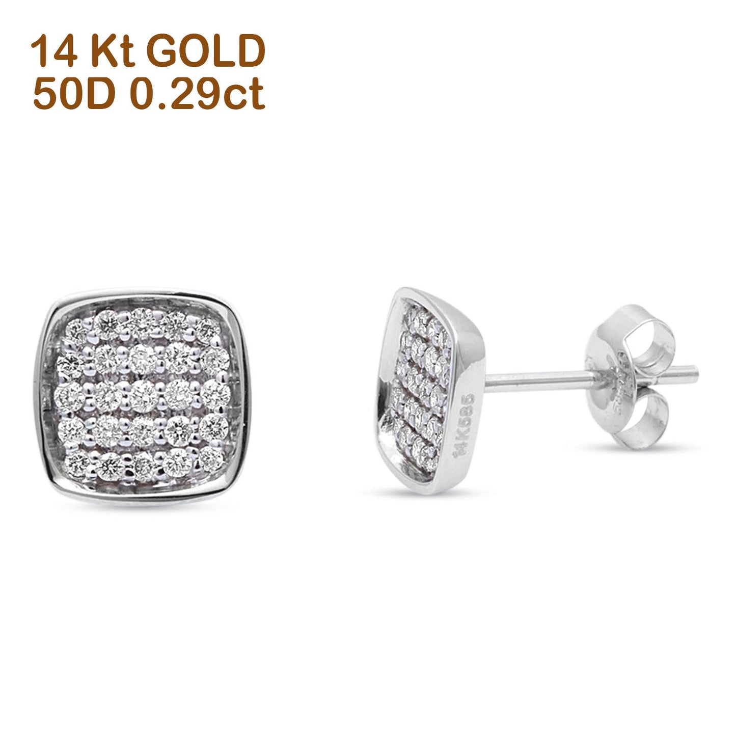 Solid 14K White Gold 8mm Round Diamond Square Hip Hop Stud Earrings Wholesale