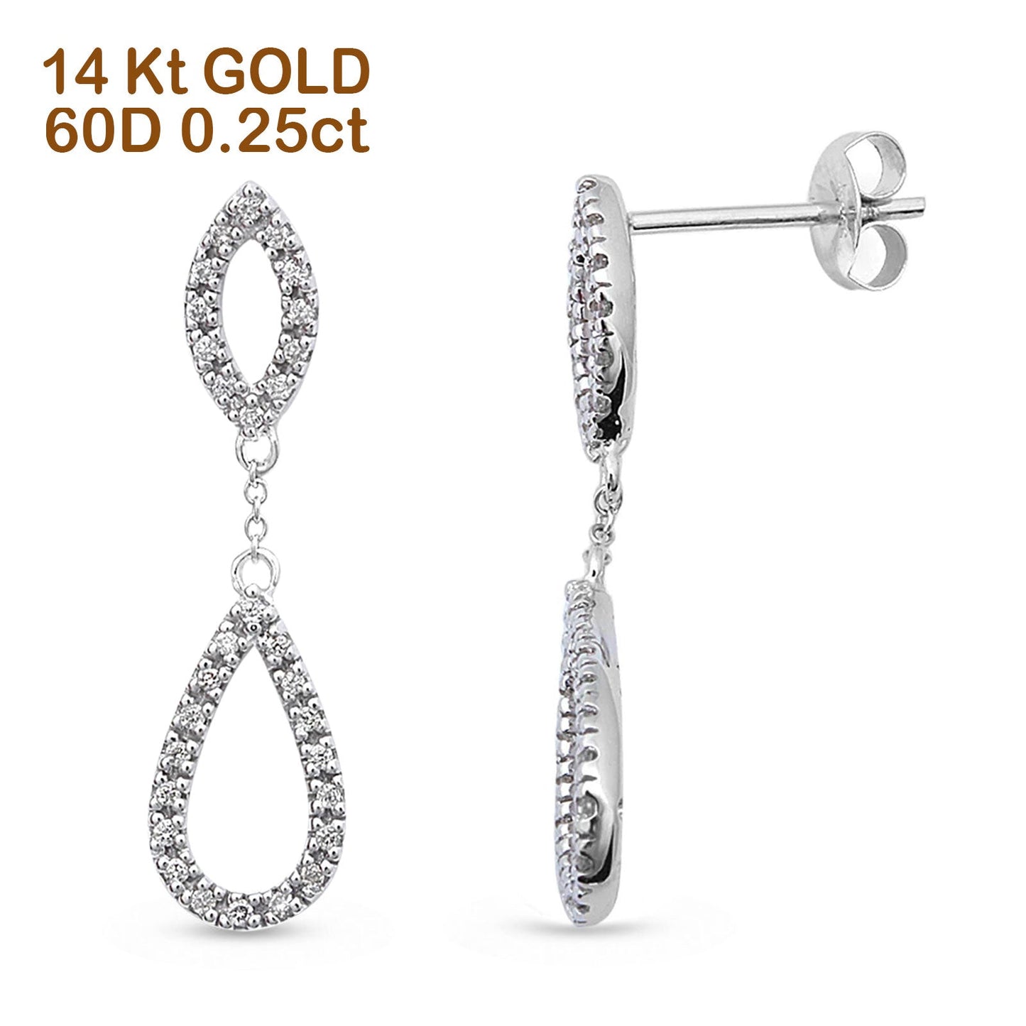 Solid 14K White Gold 25mm Drop Dangle Pear Teardrop Diamond Earrings Wholesale